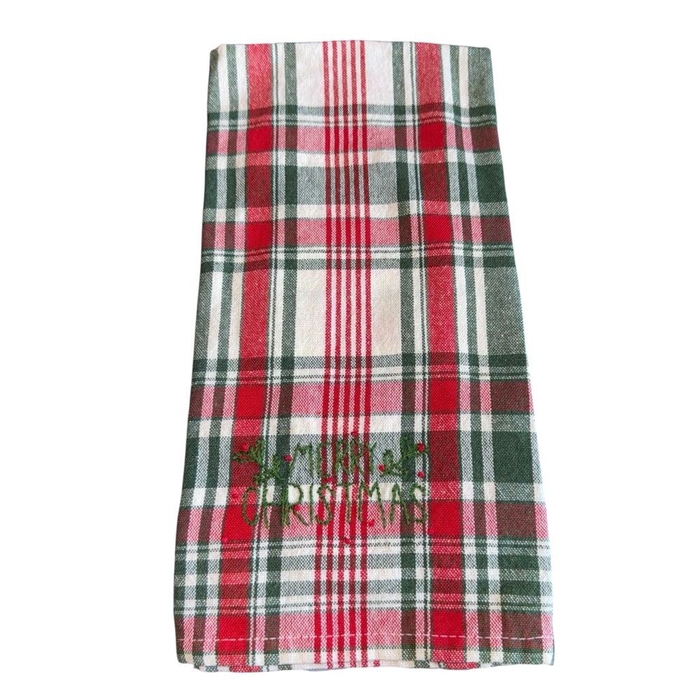 Hand Embroidered Plaid Christmas Kitchen Towel